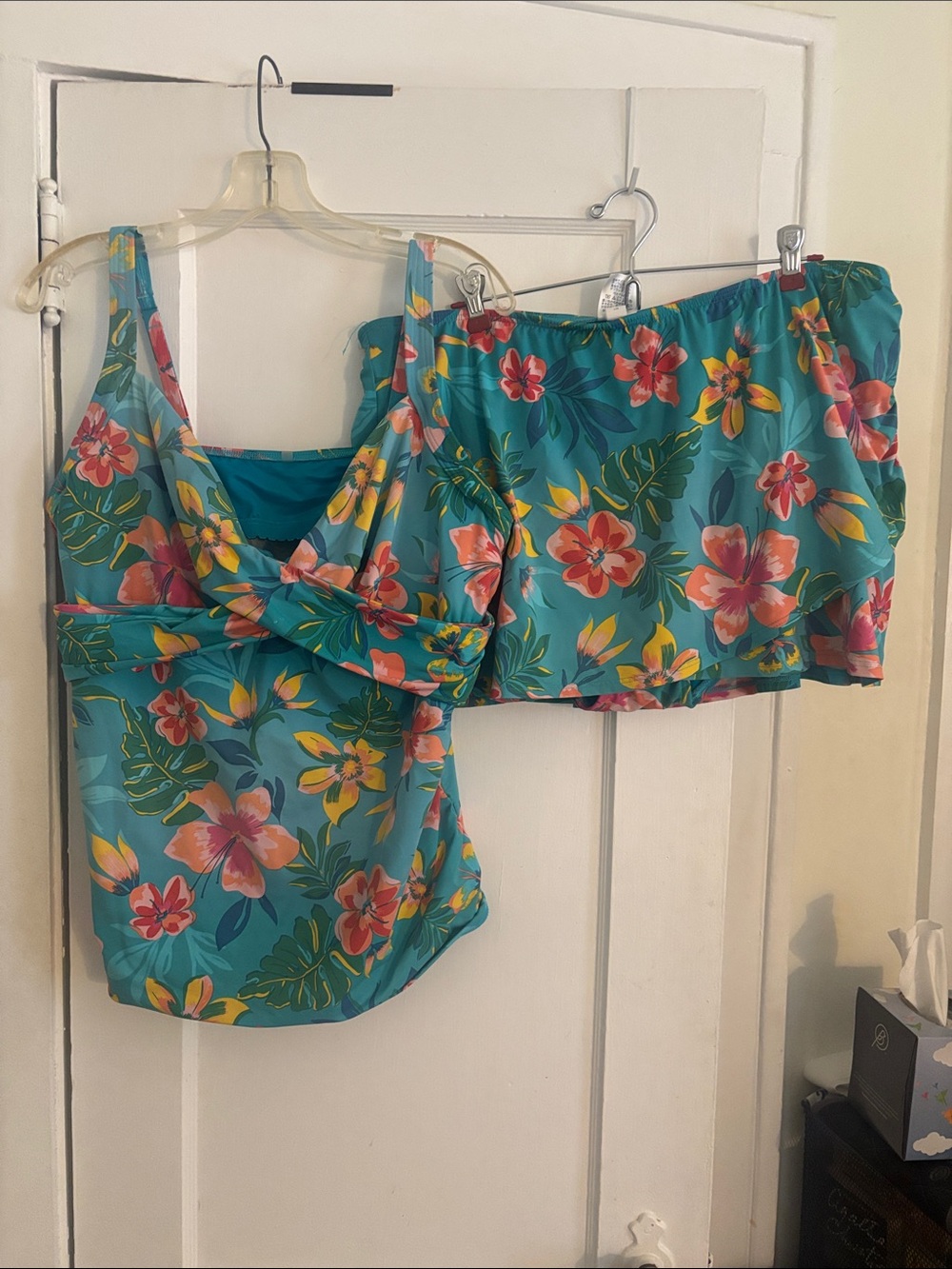 Lands End Floral Teal Tankini Top and Skirt Swim Set - size 18Women